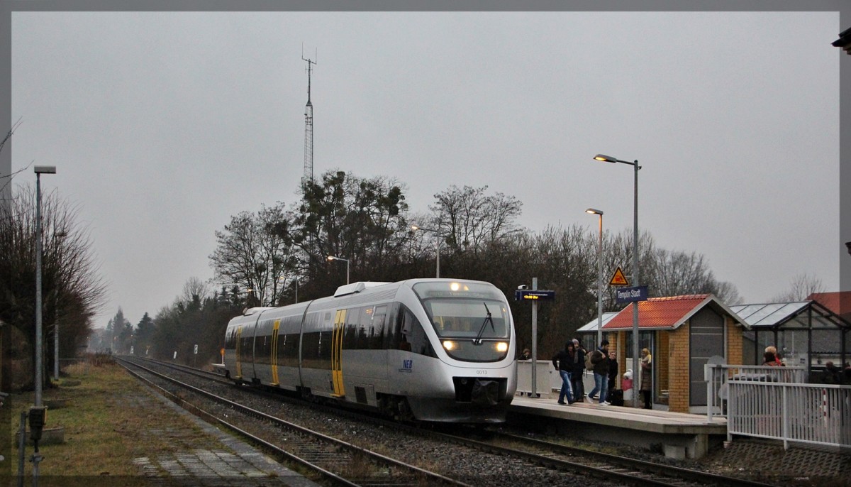 VT 0013 der NEB bei seinem Halt am Endbahnhof Templin Stadt am 06.03.2016