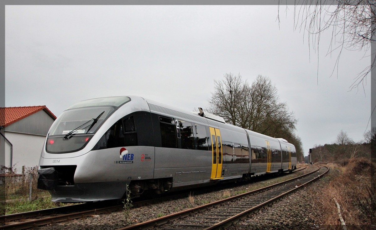 VT 0014 der NEB wartet in der Abstellung auf Weiterfahrt als RB12 von Templin-Stadt nach Berlin-Ostkreuz am 27.12.2015