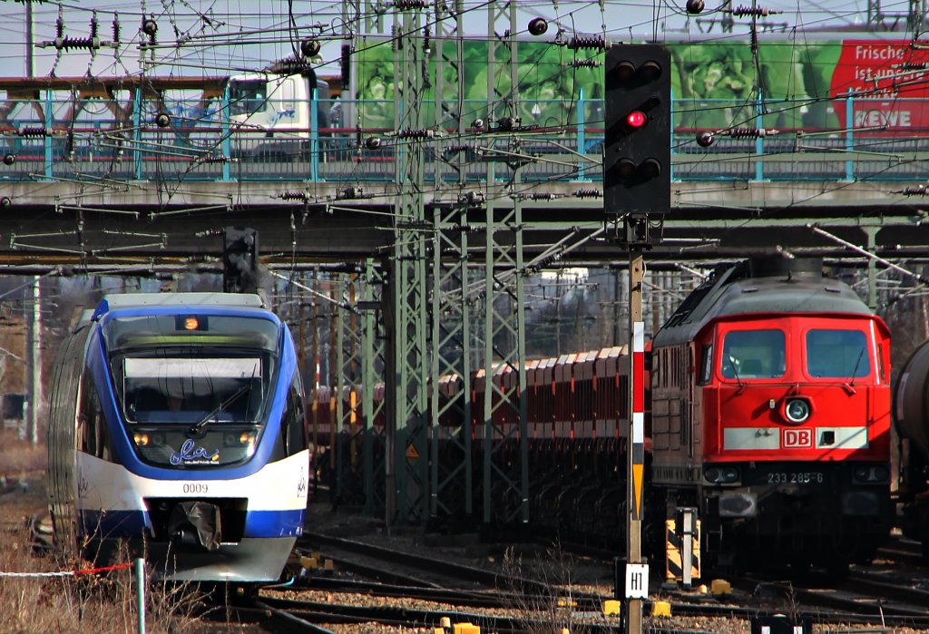 Der VT 0009 bei der Einfahrt in Neubrandenburg am 26.3.2012 neben der 232 285.