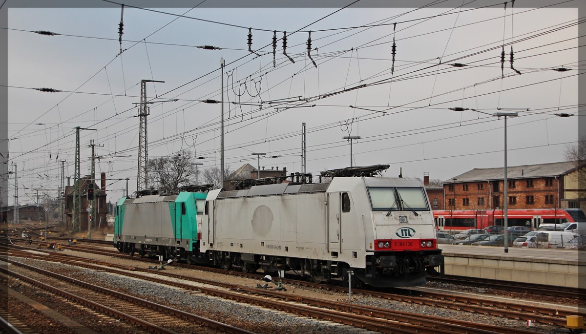 186 138 und 186 127 der Captrain/ITL abgestellt in Angermünde am 12.03.2016