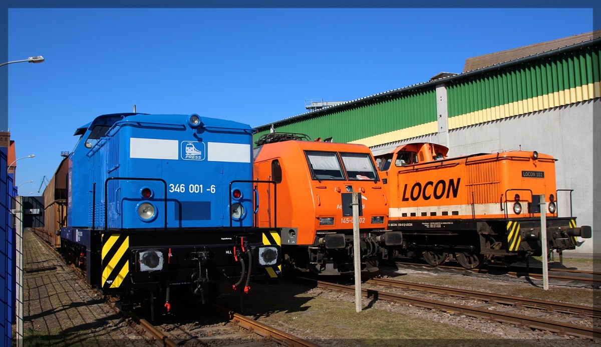 345 207 (346 001) der Press, 145 082 (145 CL 002) von EKO und 346 006 von Locon abgestellt in Stralsund (Hafen) am 17.03.2016