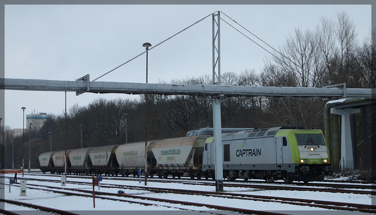 Die 285 117 von ITL/Captrain am 1.2.2015 in Neubrandenburg in der Industrie und Anschlussbahn ( ehemaliges OLA - Betriebswerk ) 