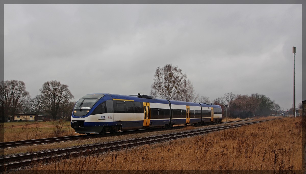 VT 0011 der NEB bei der Ausfahrt aus dem Bahnhof Zehdenik am 06.03.2016