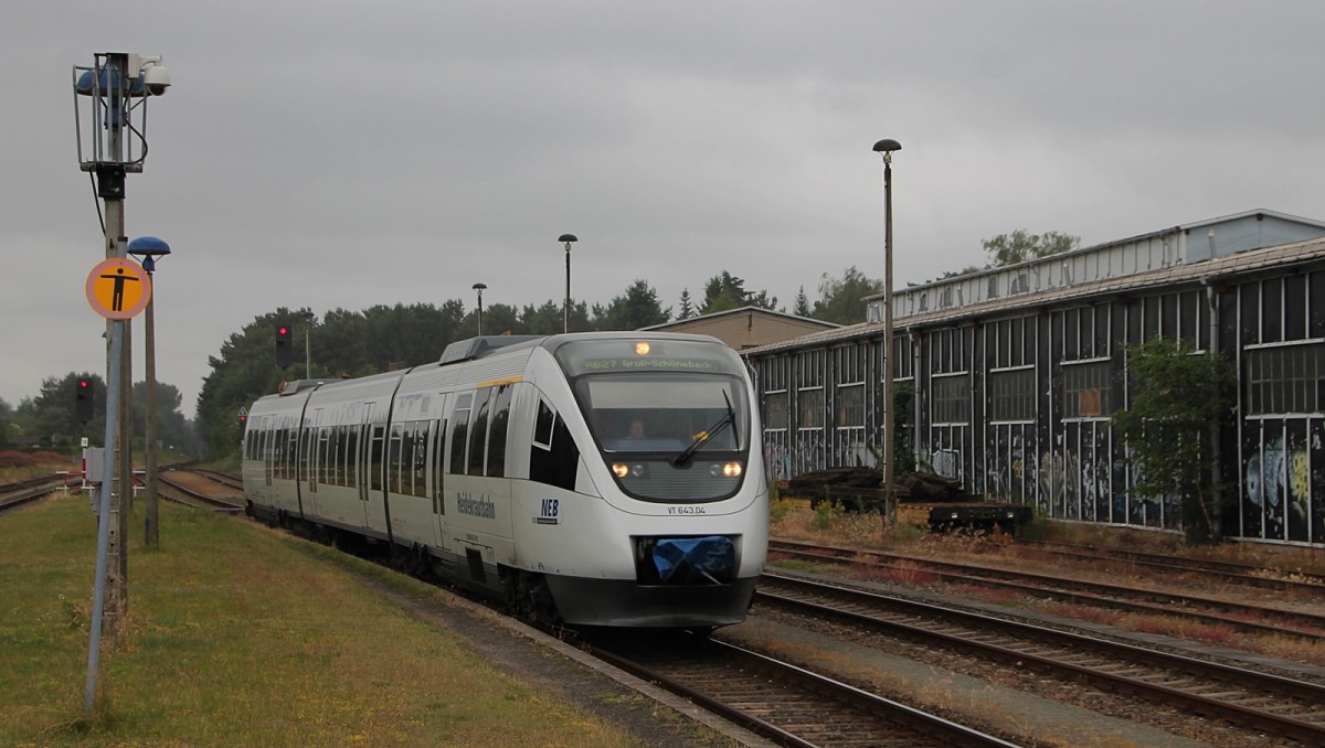 VT 643.04  der PEG ( im Einsatz bei der NEB )  bei der Einfahrt in den Bahnhof Basdorf am 19.6.2014.