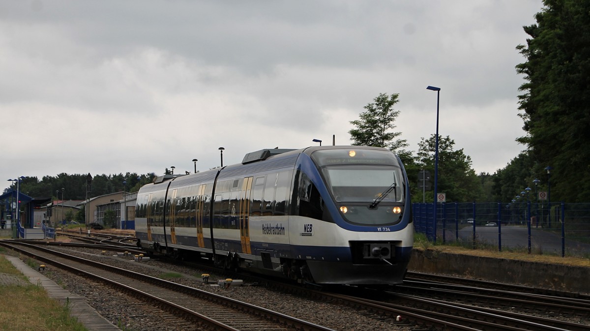VT 734  der NEB bei der Ausfahrt aus dem Bahnhof Basdorf am 19.6.2014.